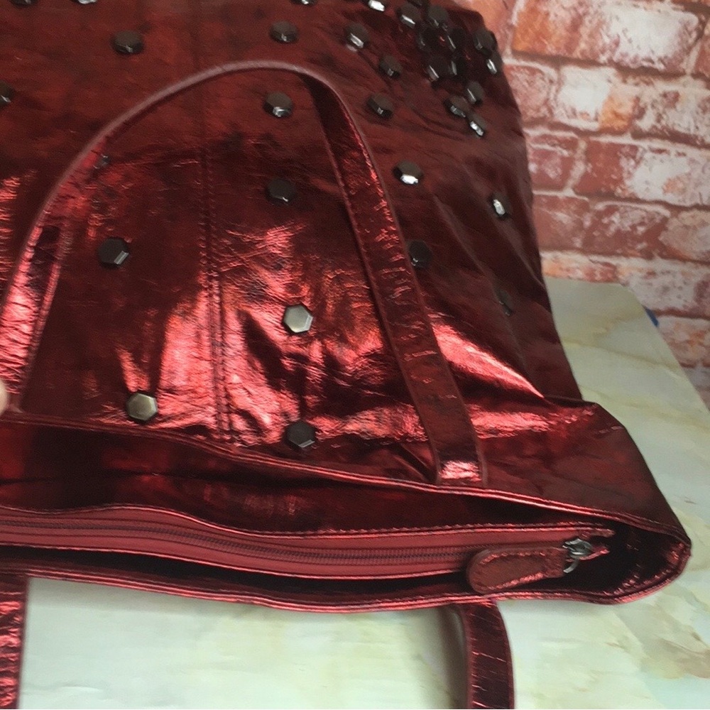 Charming Charlie Vintage Large Metallic Ruby Red Studded Tote Bag - Picture 7 of 11